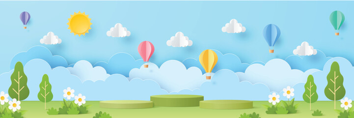 podium in 3d paper cut style on spring summer season scene with sun, clouds, balloons on blue sky ba