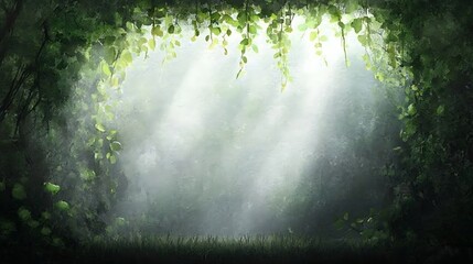 Aufkleber - Mysterious forest scene with soft light filtering through lush foliage.