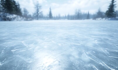 Poster - Frozen lake with snowy trees in the background under a bright, cloudy sky.