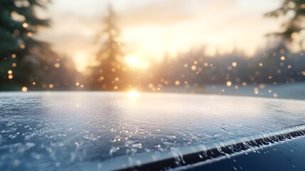 Poster - Close-up view of a wet surface reflecting a beautiful sunrise and surrounded by misty trees.