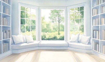 Poster - Bright, serene reading nook with large windows overlooking a lush green landscape.