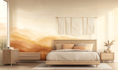 Poster - Modern bedroom featuring warm tones and natural decor with a scenic mural backdrop.