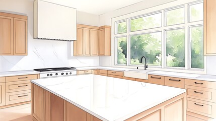 Poster - Bright and modern kitchen with wooden cabinets and a large island, featuring large windows overlooking greenery.