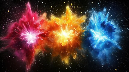 Wall Mural - Three colorful explosions in the sky. The explosions are in the colors red, yellow, and blue