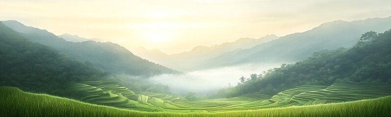 Fototapete - Lush green hills under a soft sunrise shrouded in mist, creating a serene and tranquil landscape.