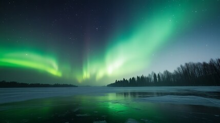 Fototapete - Vibrant auroras illuminate a serene winter landscape over a frozen lake.