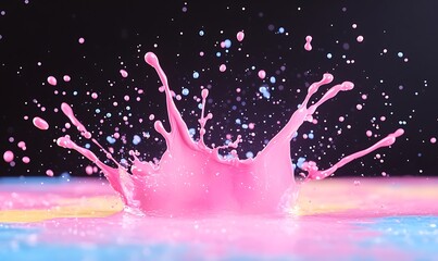 Poster - Vibrant pink splash against a dark background with colorful droplets.