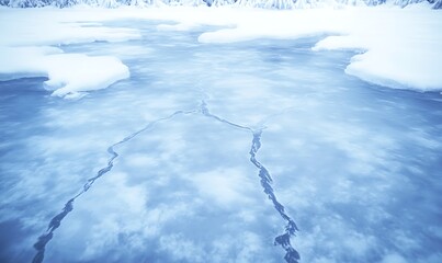 Poster - Frozen surface with cracks and patches of snow, showcasing a serene winter landscape.