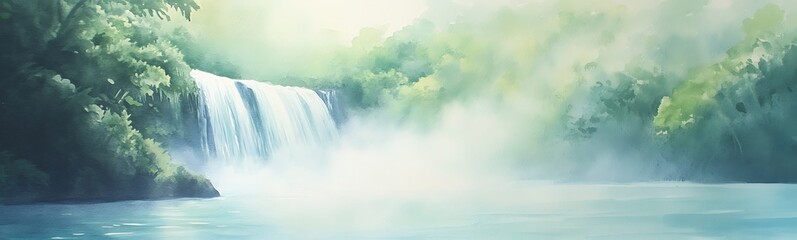 Poster - Serene waterfall surrounded by lush greenery and misty atmosphere.