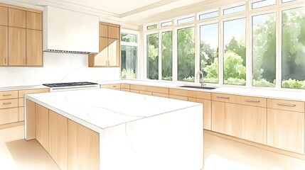 Poster - Bright, spacious kitchen featuring wooden cabinetry and large windows overlooking greenery.