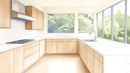 Poster - Modern kitchen with wooden cabinets and large windows showcasing greenery outside.