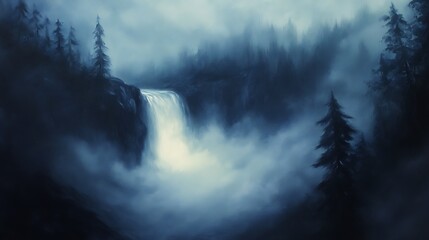 Aufkleber - Mysterious waterfall in a foggy forest setting with dense trees and ethereal lighting.