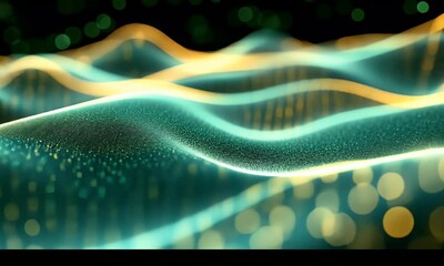 Aufkleber - Abstract glowing wavy lines with shimmering particles.  Dynamic, textured surface with a blend of teal and gold hues, creating a mesmerizing effect