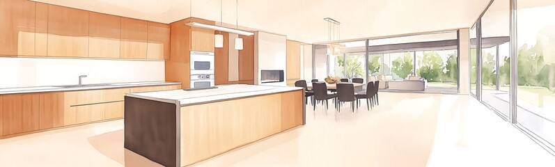 Poster - Modern kitchen interior with wooden cabinets and large windows, showcasing a bright, spacious design.