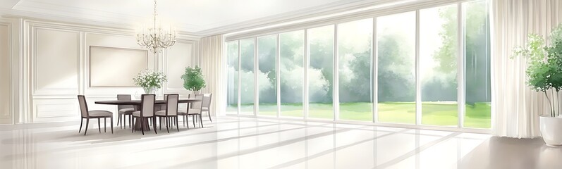 Poster - Bright and airy dining area with large windows showcasing greenery outside.