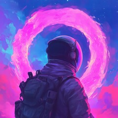 Wall Mural - an astronaut surveys a celestial landscape within the bright pink clouds