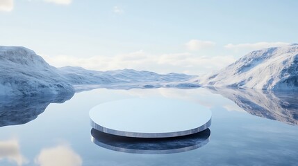Poster - A serene icy landscape featuring a circular platform on still water with mountains in the background.