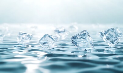 Aufkleber - Ice cubes floating on a serene water surface, creating a tranquil and refreshing atmosphere.