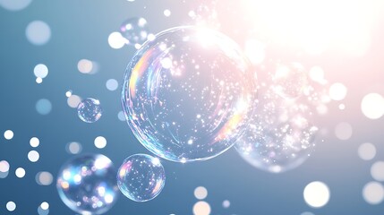 Leinwandbilder - Translucent bubbles floating against a soft blue background with sparkling light reflections.
