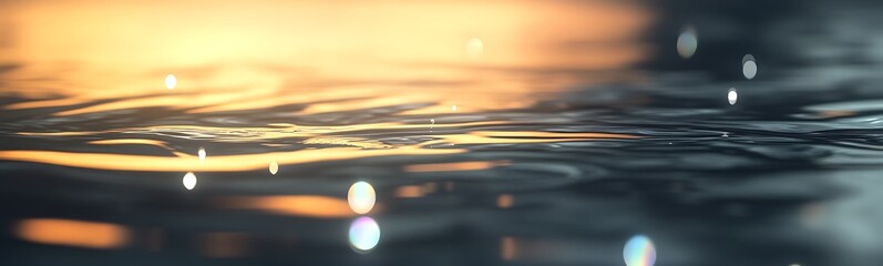 Fototapete - Rippling water surface with golden light reflections and sparkling droplets creating a serene atmosphere.