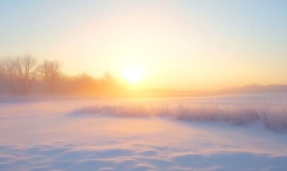 Poster - Serene winter landscape at sunrise with soft light and snow-covered ground.