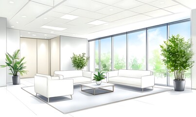 Fototapete - Modern office interior with white furniture and lush greenery, illuminated by natural light.