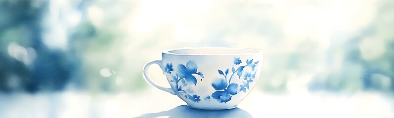 Poster - Delicate blue floral teacup on a soft, blurred background.