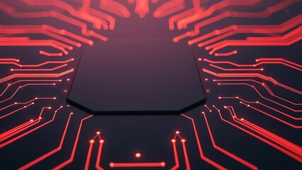 Wall Mural - high-tech computer cpu chip with red circuit lines on dark background reflecting futuristic technolo