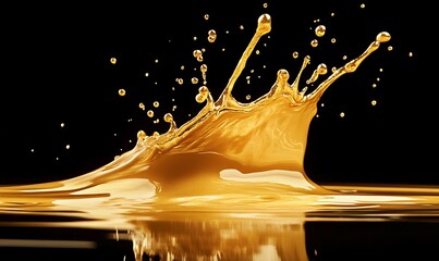 Poster - Golden liquid splash against a dark background, creating dynamic and artistic water droplets.