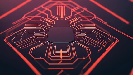 Wall Mural - high-tech computer cpu chip with red circuit lines on dark background reflecting futuristic technolo