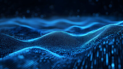 Abstract Blue Futuristic Waves Background with Computer Code Overlay