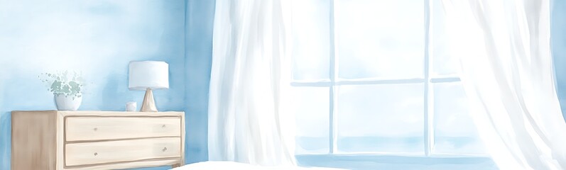 Poster - Bright, airy bedroom featuring a wooden dresser, blue walls, and sheer curtains by a large window.