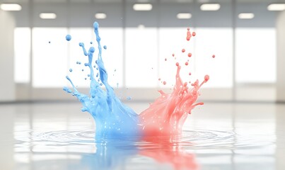 Poster - Colorful splashes of blue and red paint create dynamic visuals in a bright, modern space.
