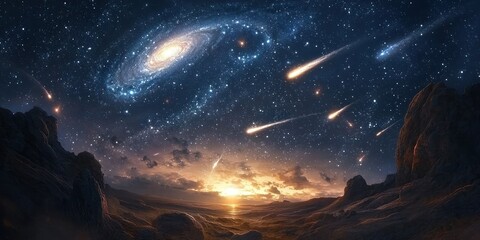 Wall Mural - A fantasy night sky filled with swirling galaxies, glowing stars, and shooting comets