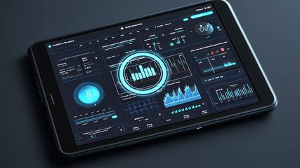 Futuristic Tablet Displaying Data Analytics Dashboard Interface