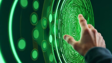 Wall Mural - hand reaching towards green digital screen creating puzzle-like effect in modern atelier setting wit
