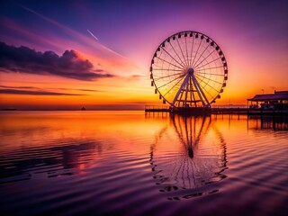 Wall Mural - Minimalist Sunset Silhouette Ferris Wheel Water Reflection