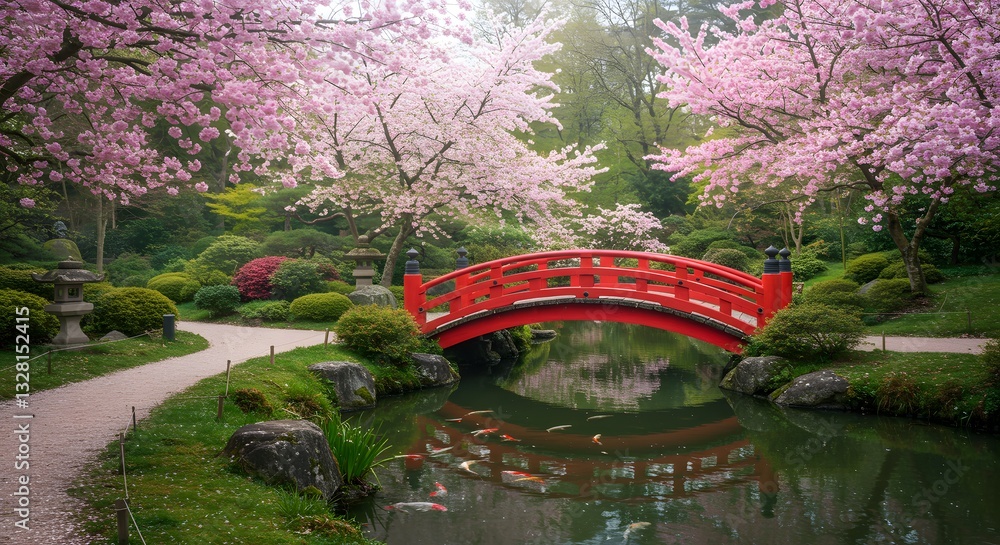 Red Bridge Among Cherry Blossoms in a Traditional Japanese Garden Stock ...