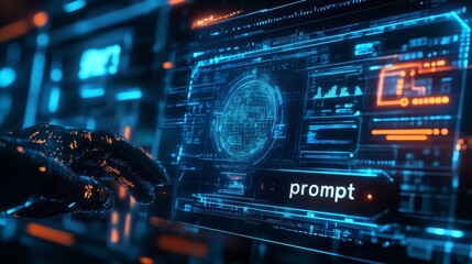 Futuristic command prompt on a digital interface with a holographic computer screen, depicting advanced technology and cybernetic innovation