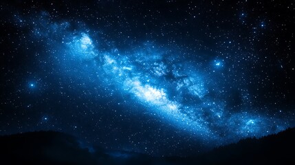 breathtaking night sky with milky way galaxy over dark hills, blue space view from earth with mounta