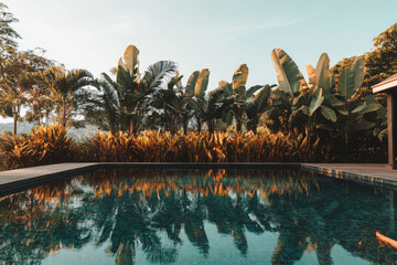 Wall Mural - Tranquil tropical pool surrounded by lush palm trees under a bright blue sky, creating a serene and relaxing atmosphere.