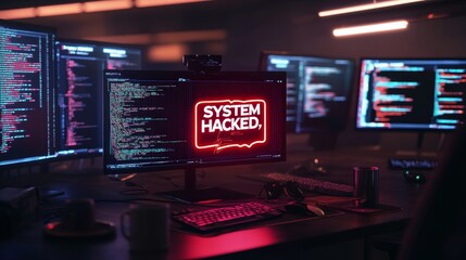 System hacker in screen desk, hacker's work environment, 3D rendering