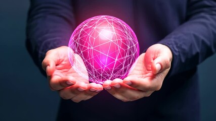 Wall Mural - hands holding a neon pink globe with network lines depicting global connectivity and technology inno