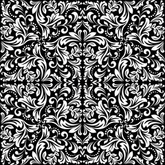 Aufkleber - Floral pattern. Seamless vector background. Vintage wallpaper in the Baroque style. White and black ornament for fabric, wallpaper, packaging. Ornate Damask flower illustration.