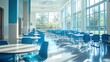 © At My Hat - Bright, airy school cafeteria with blue chairs and tables. Perfect for education, lunch, or school-related projects.