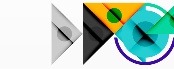 Wall Mural - Geometric abstract design with layered triangles, circles, and gradients, forming a structured pattern with sharp contrasts and depth