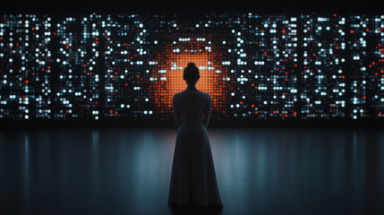 Aufkleber - woman stands in futuristic setting, facing glowing digital wall filled with illuminated patterns and data points, evoking sense of mystery and technology