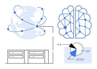 Wall Mural - globe with network lines, neural network brain, connected servers, and analytics chart. ideal for ai