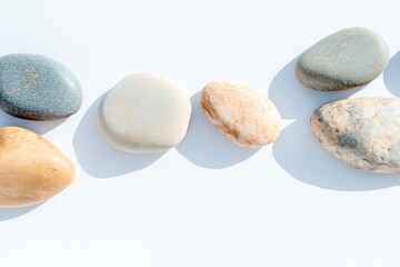 serene scene of smooth decorative stones of varying colors and sizes arranged artfully on white surf