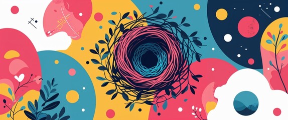 Wall Mural - bird nest pattern on colorful plain background digital abstract art work illustration design